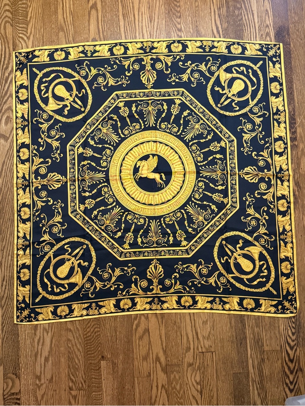 WATHNE 100% Silk Scarf - Baroque Pegasus Print Black Gold - Approx 35" Vintage
